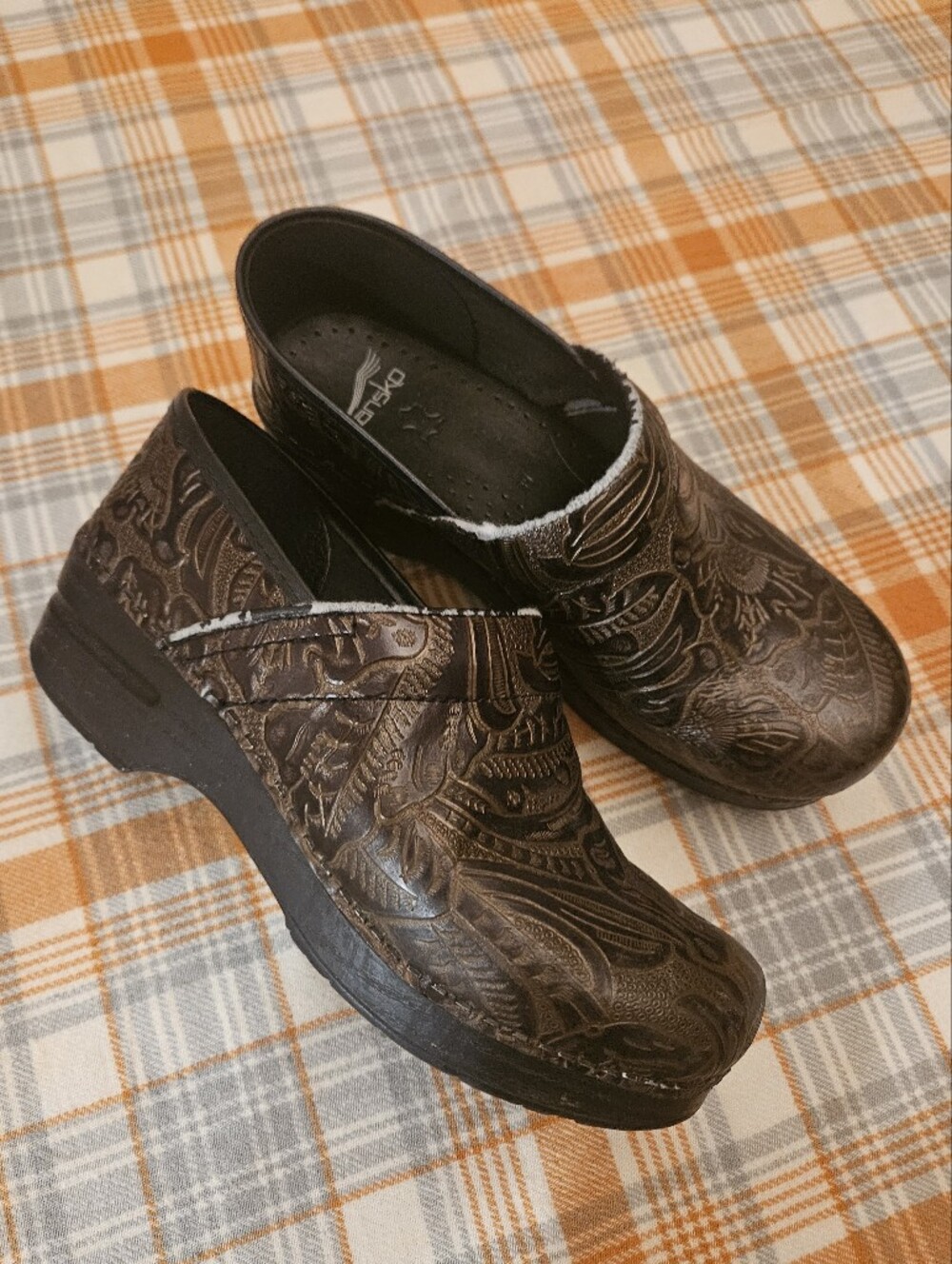 Brown, Embossed Leather Dansko Clogs